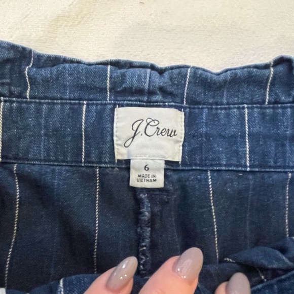 J Crew wide pin stripe paper bag baggy jean denim gathered waist zipper closure - Picture 5 of 12